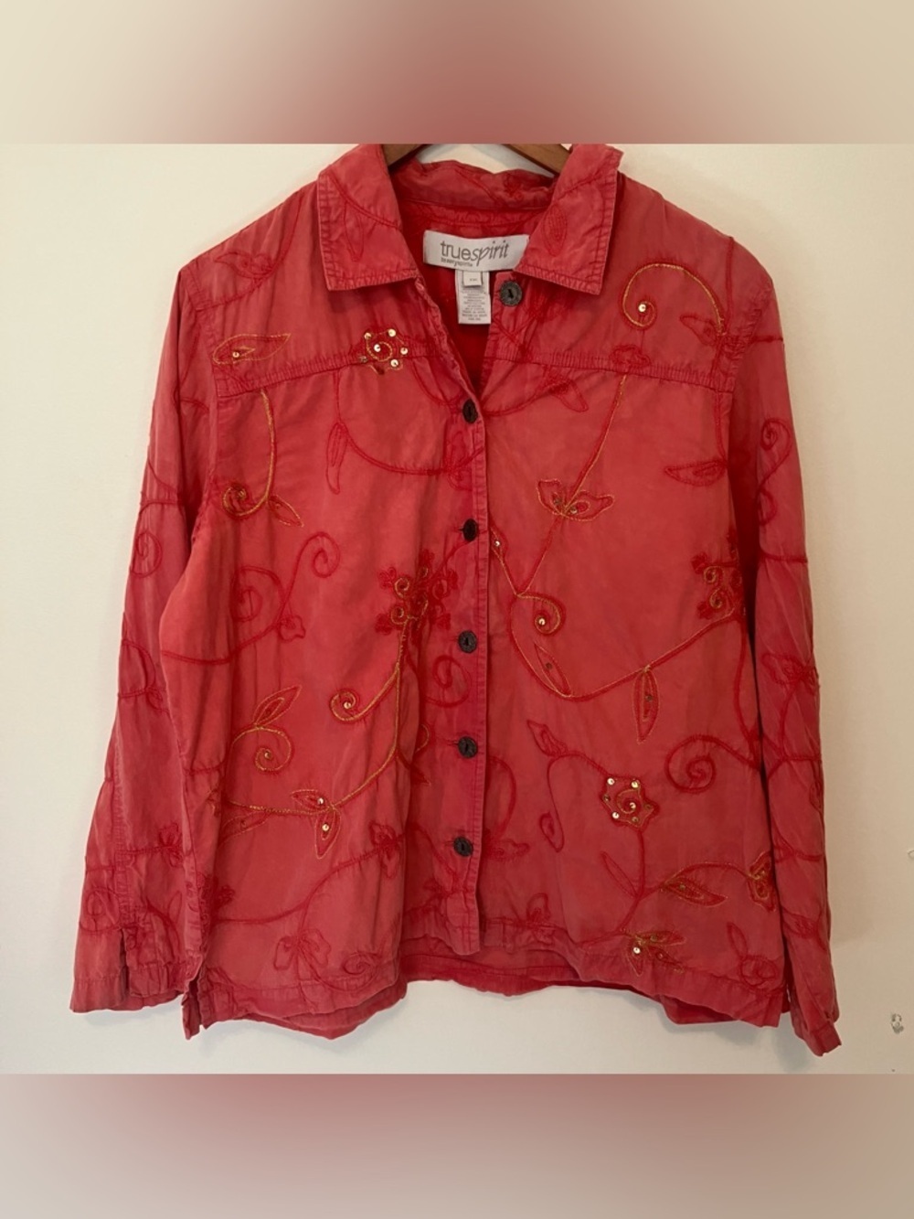 Women’s 1X Plus Embroidered Floral Sequins Cotton Jacket Coral Spring